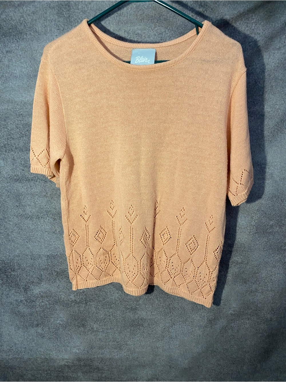 Vintage Blair Short Sleeve Sweater Womens Medium Peach Pointelle Knit Top USA⁠